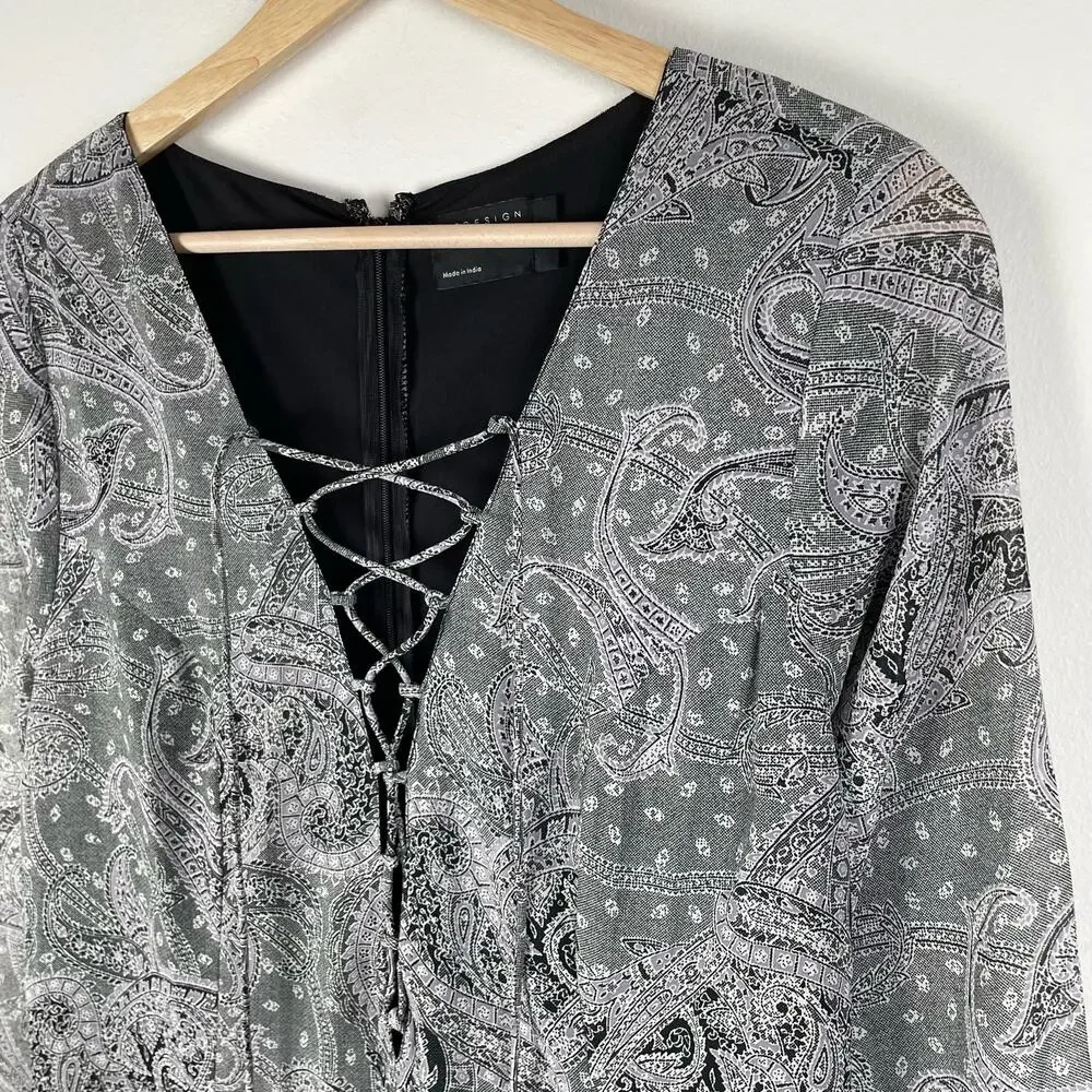 ASOS Dress 10 Black Paisley Whimsigoth Witchy Mini Lace Up Fairy Grunge Emo Boho